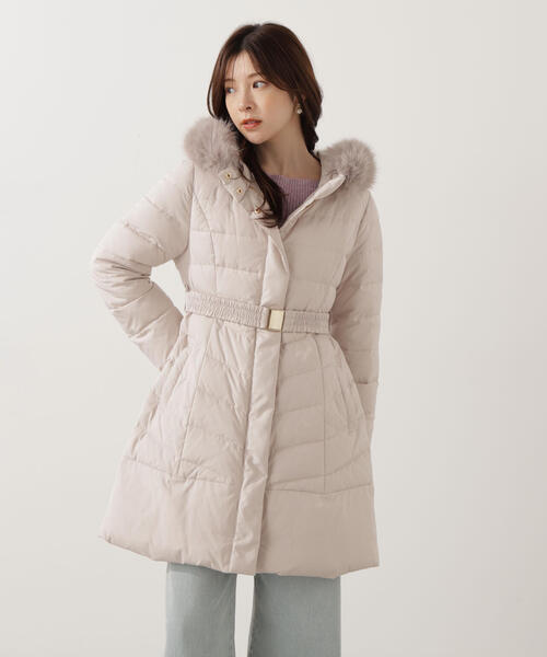 セオリー ホワイトダウンロングジャケット フード付き ベルト付き セール】SymmetryGYDAベルト付きロングダウンコート（ダウンジャケット