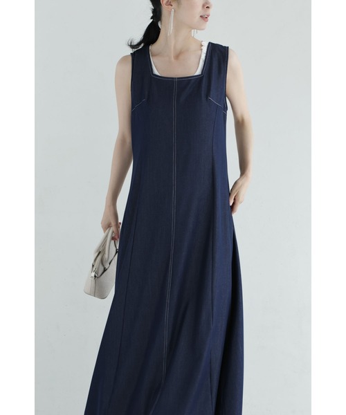 cawaii ワンピース スクエアネックの柔らかなデニム調ロングワンピース