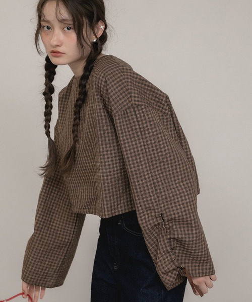 ブラウン系チェック パフスリーブブラウス HEILIS（ヘイリス） ブラウス シャツ チェック柄バックオープン
