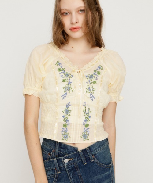 SLY（スライ） ブラウス シャツ 半袖 BLOOMING EMBROIDERY BLOUSE 