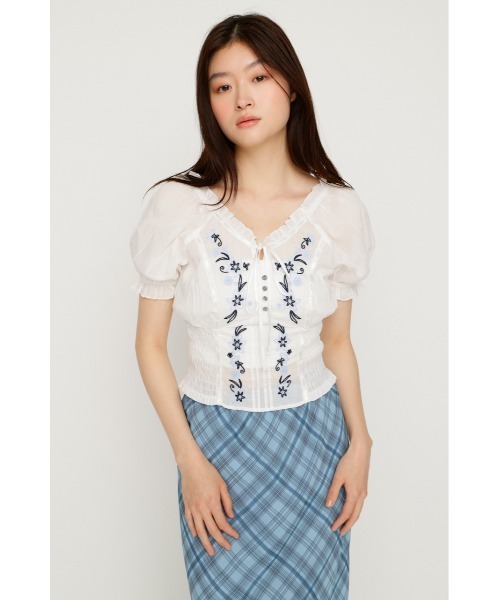 SLY（スライ） ブラウス シャツ 半袖 BLOOMING EMBROIDERY BLOUSE
