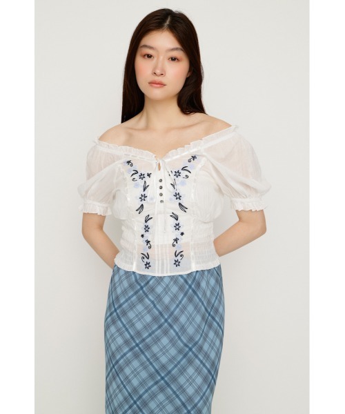 SLY（スライ） ブラウス シャツ 半袖 BLOOMING EMBROIDERY BLOUSE 