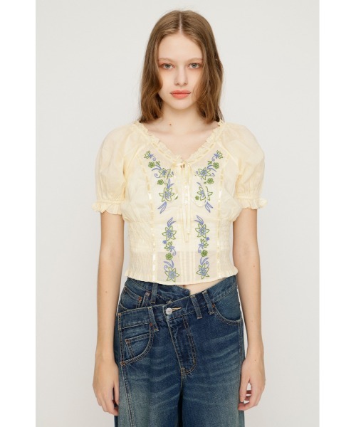 SLY（スライ） ブラウス シャツ 半袖 BLOOMING EMBROIDERY BLOUSE 