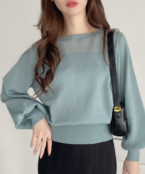 ニット セーター シアーネック切替えニット/洗える レディース Ada. ニット セーター 「サマーニット」デコルテシアー切り替え