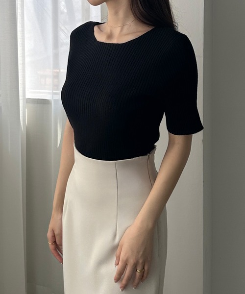 Louere ニット セーター ボートネック半袖リブニット レディース