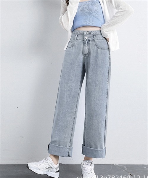 オシャレ 裾ホワイト ルーズ デニムパンツ ハイウエスト デニムパンツ 裾ボタン ボトムス ジーンズ ハイウエスト デニム