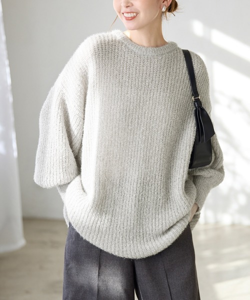 45アールピーエム 襟付  チュニック丈  ワイド ウールニット グレー カシミヤ100％ 両畦チュニック | Item,Knit | FUKAKINET