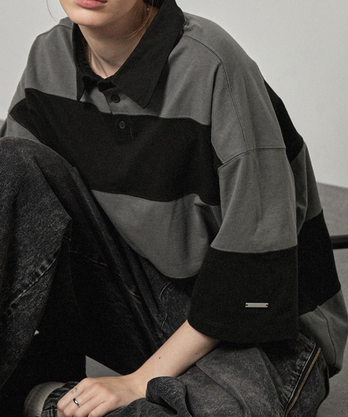 aoao☺︎room 　MACHATT ボーダーラガーシャツ ポロシャツ 「Alfred Alex」メタルプレートワイドボーダーポロ