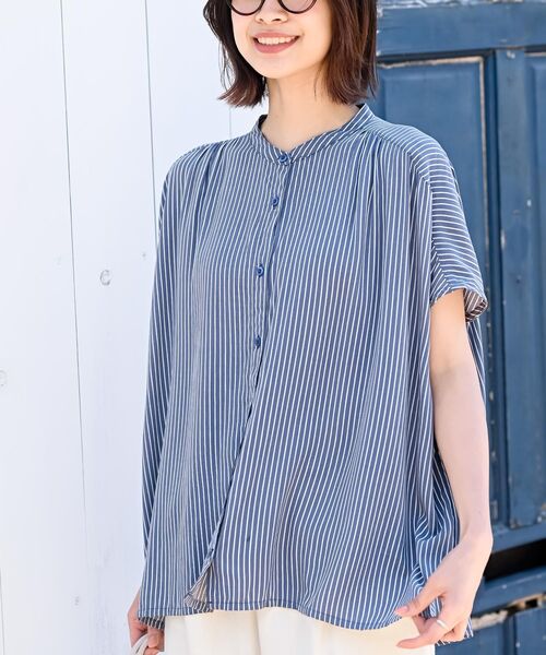 r・p・s ブラウス シャツ レンチング接触冷感ノーカラーブラウス
