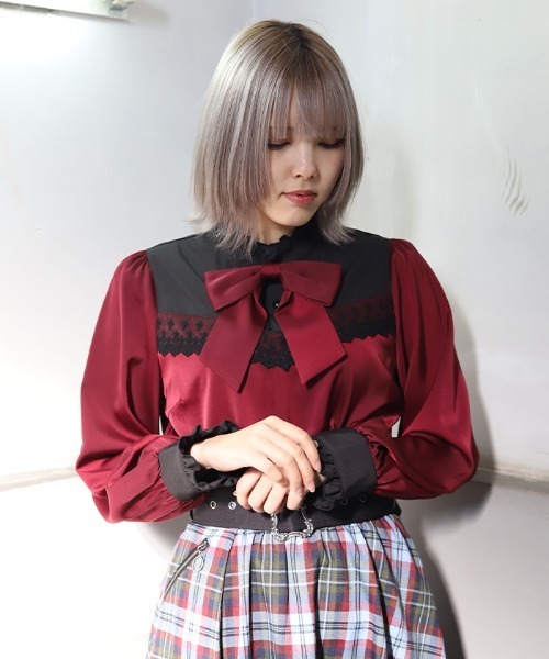 MARONENONFEE バイカラー 袖リボン 長袖ブラウス NIBBLE POISON（ニブルポイズン） ブラウス シャツ リボンブローチバイ