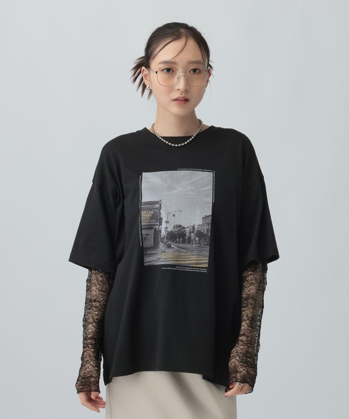 LEPSIM⭐︎袖レースレイヤード長袖T チャコールグレー　F LEPSIM（レプシィム） tシャツ 袖レースレイヤード長袖T 645485