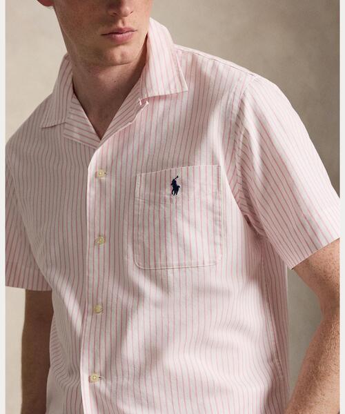 ラルフローレン リネン シルク 半袖ストライプシャツ ピンク M オーバーサイズ POLO RALPH LAUREN（ポロ・ラルフローレン） ラルフローレン シャツ