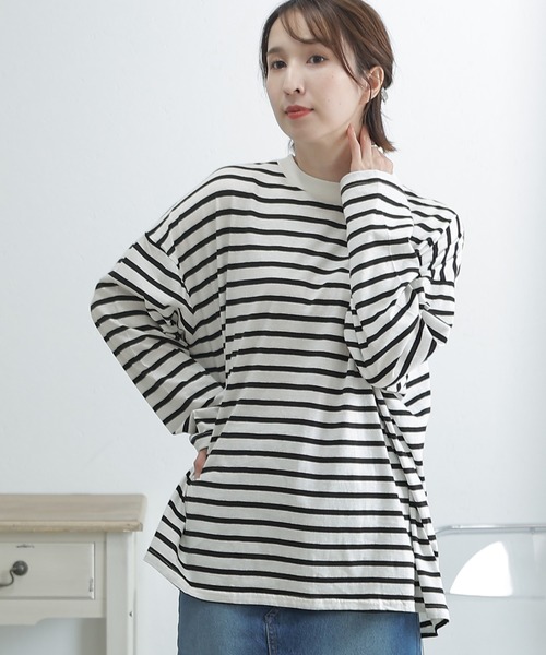 ElegChic tシャツ BIGボーダー ロング スリーブTシャツ レディース
