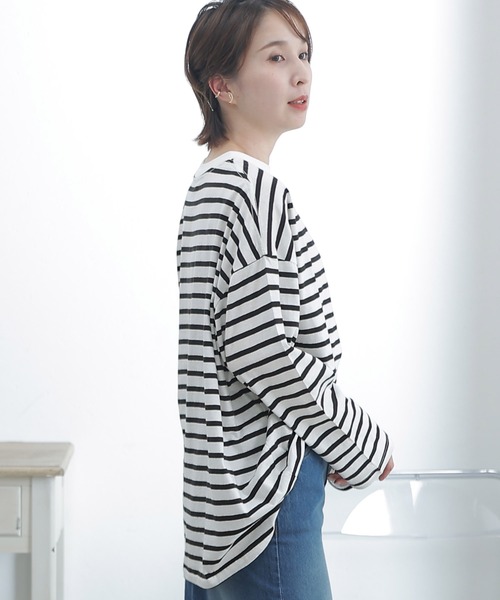 ElegChic tシャツ BIGボーダー ロング スリーブTシャツ レディース
