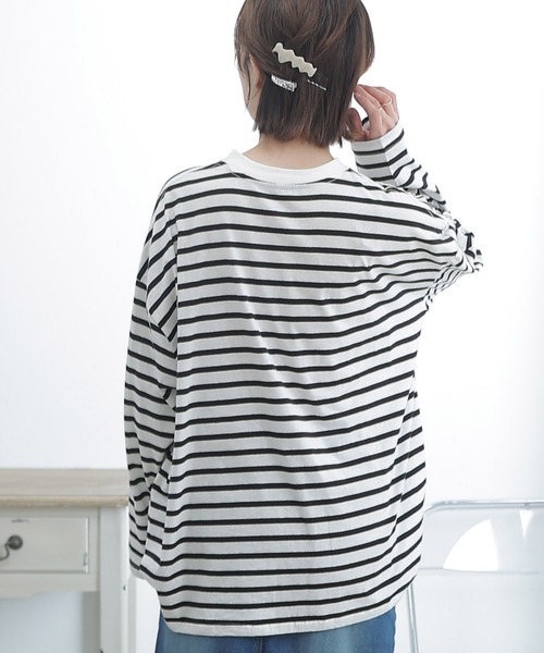 ElegChic tシャツ BIGボーダー ロング スリーブTシャツ レディース