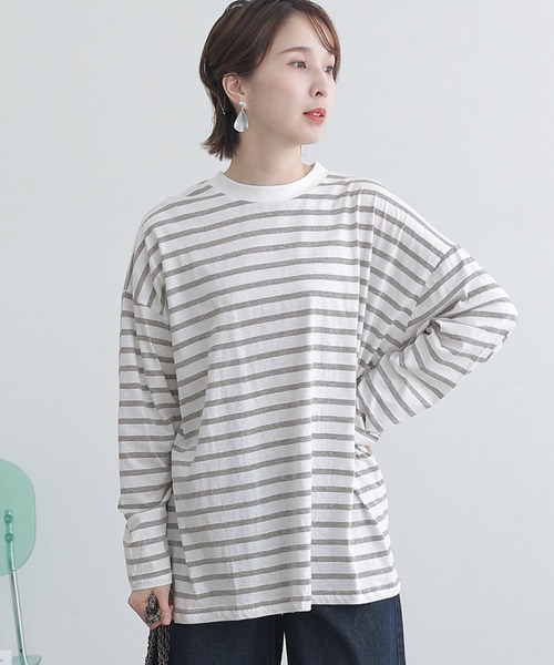 ElegChic tシャツ BIGボーダー ロング スリーブTシャツ レディース