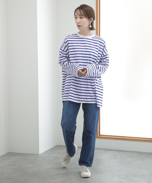 ElegChic tシャツ BIGボーダー ロング スリーブTシャツ レディース