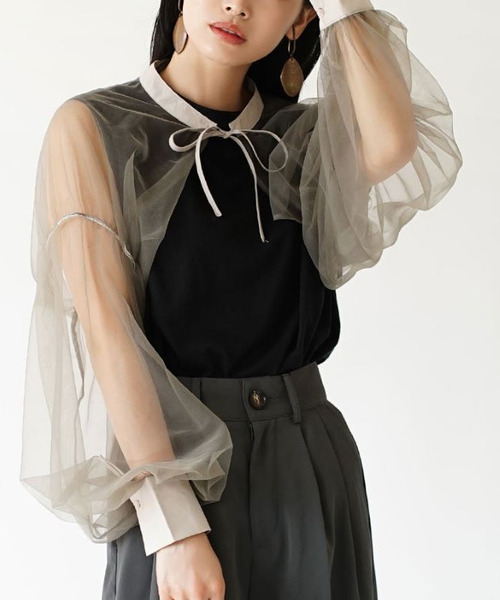 パフスリーブ ボレロブラウス e-zakkamania stores ブラウス シャツ シアー パフスリーブボレロ