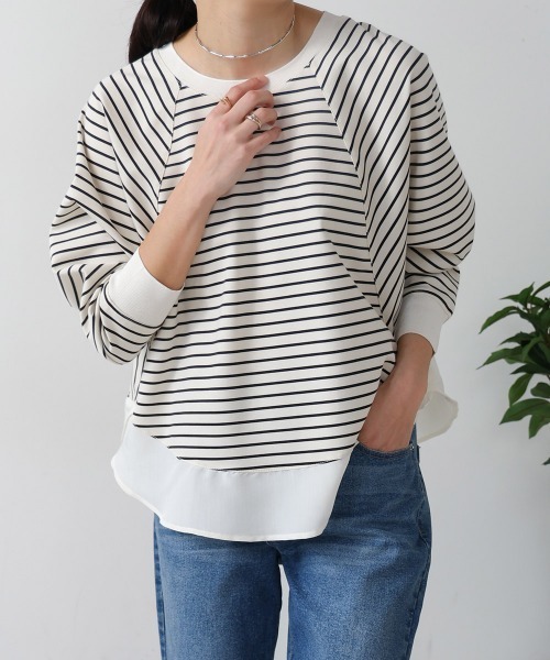 tシャツ Tシャツ ボーダーラグラン切替プルオーバー レディース 