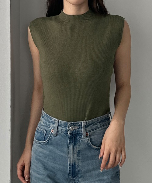 Louere ニット セーター ボトルネックノースリーブリブニット