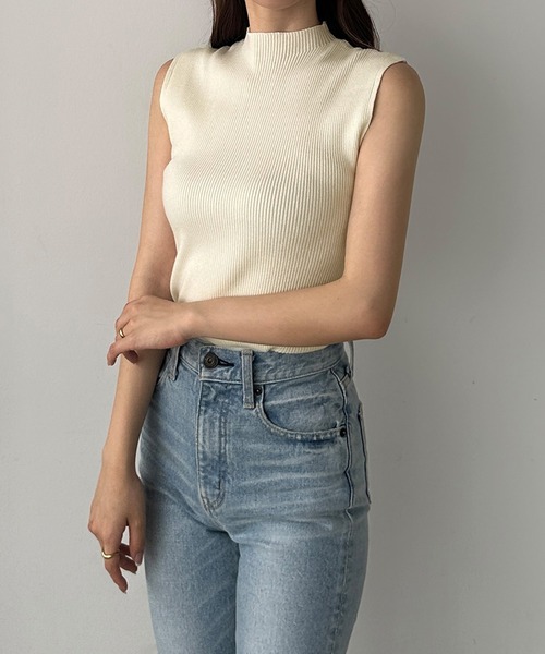 Louere ニット セーター ボトルネックノースリーブリブニット