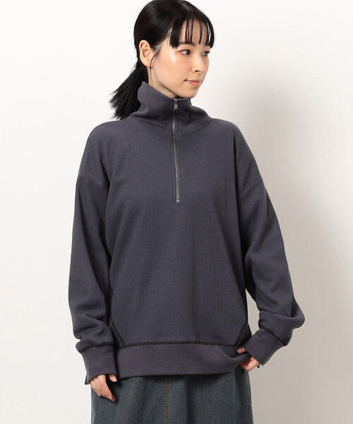tシャツ ワッフル ハーフジップ プルオーバー レディース