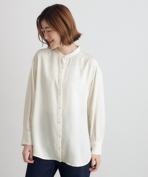 ラミラル　バンドカラーブラウスシャツ　(M)　38　長袖　シフォン　とろみ素材 ラミラルバンドカラーブラウスシャツ(M)38長袖シフォンとろみ素材