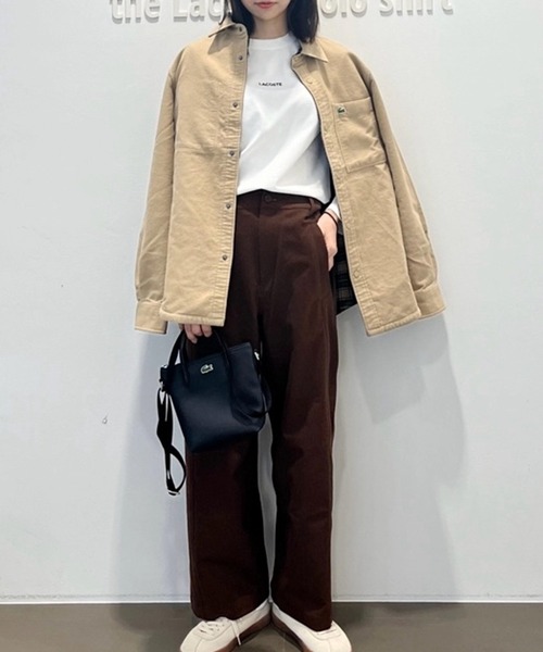 【ブラウン】ストレッチツイル ウールライクワイドパンツ LACOSTE（ラコステ） パンツ ストレッチツイル ウールライクワイド