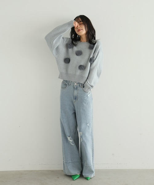 itto ニット セーター ファーポンポン付きニットトップス