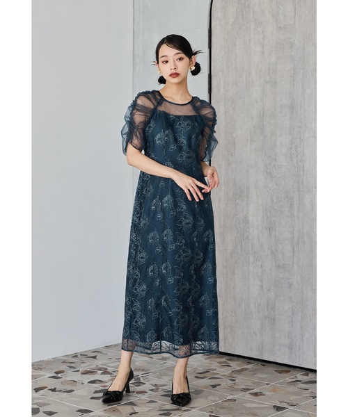 bflat niana 刺繍レース オケージョン ドレス M ブルー チュールパフスリーブ刺繍レースドレス 結婚式 成人式 二次会