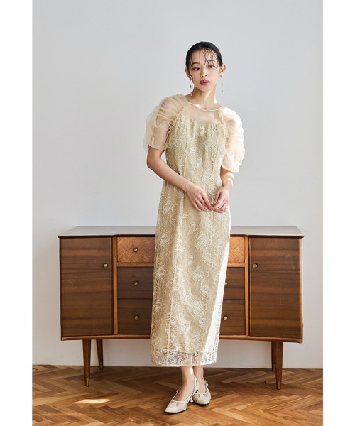niana ドレス 結婚式 パーティー 刺繍 レース ベージュ 二次会 niana ドレス 刺繍レースギャザースリーブドレス パーティー