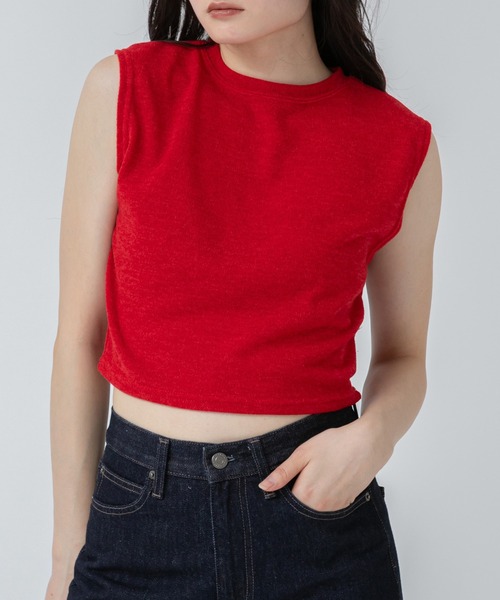 タンクトップ ノースリーブ パイル地クロップトタンクトップ/ノースリーブ 春服 夏服 韓国 ノームコア シティーガール トップス レディース