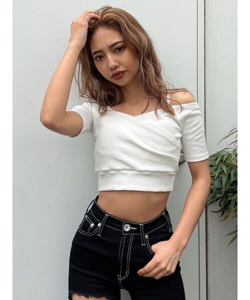 即日発送！GYDA ハーフスリーブカシュクールオフショルショートTOPS WH GYDA（ジェイダ） tシャツ ハーフスリーブカシュクールオフショル