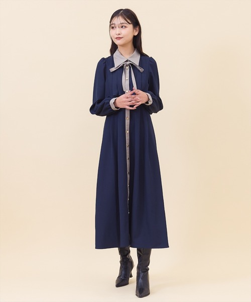 大人気!!【HOBBS】大人気バイカラー♪プリーツワンピース REDYAZEL ワンピース バイカラータックプリーツ半袖シャツ