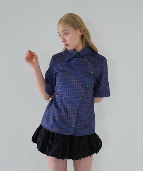 ブラウス シャツ レトロ チェック ボタン シャツ チェックシャツ 半袖 ブルー アシンメトリー 夏服 レディース