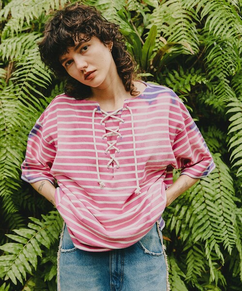 tシャツ Freada/フリーダ ボーダーブリーチレースアップTシャツ レディース | Freada