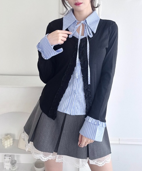 Loueme ブラウス シャツ シャツレイヤードフリルカーディガン
