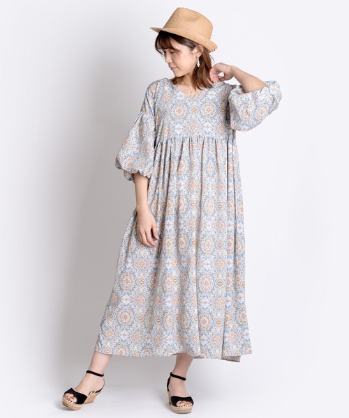 marai（マーライ） ワンピース ダマスク柄 Vネックボリューム七分袖