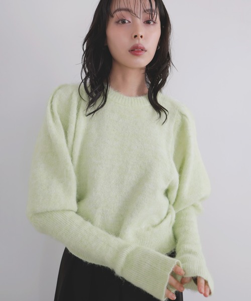 ADEAM オリーブグリーン パフスリーブ ニット Azazie Loretta Aquamarine A-Line Cowl Cape Metallic Mesh Dress