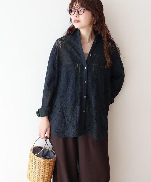 美品✨ハグオーワー カットワークレースパッチワークシャツ ブラック 黒 リネン レース パッチワークレースシャツ レディース 長袖 送料無料