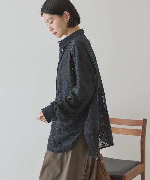 美品✨ハグオーワー カットワークレースパッチワークシャツ ブラック 黒 パッチワーク レースシャツ