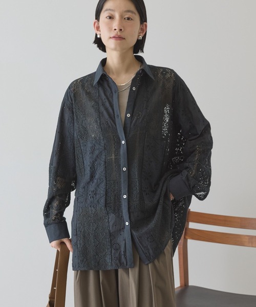 美品✨ハグオーワー カットワークレースパッチワークシャツ ブラック 黒 レースエンブロイダリーパッチワークシャツ