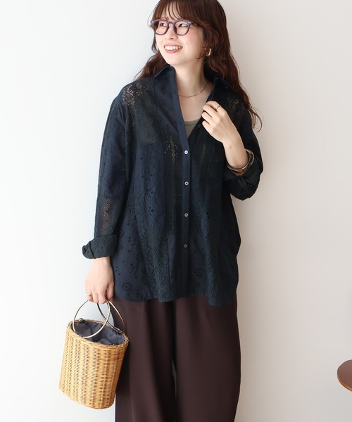 美品✨ハグオーワー カットワークレースパッチワークシャツ ブラック 黒 リネン レース パッチワークレースシャツ レディース 長袖 送料無料