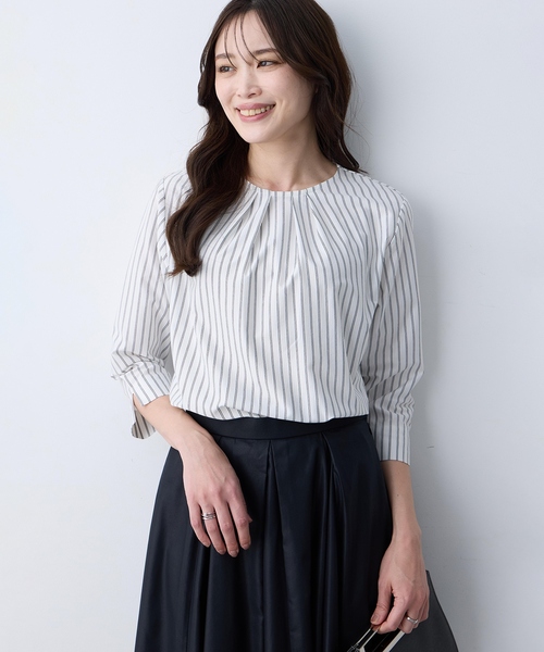 tシャツ 「ブラウス見えするカットソー」ストライプタックプルオーバー「大きいサイズあり」 レディースの画像