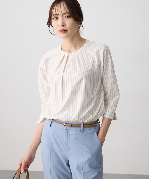 tシャツ 「ブラウス見えするカットソー」ストライプタックプルオーバー「大きいサイズあり」 レディースの画像