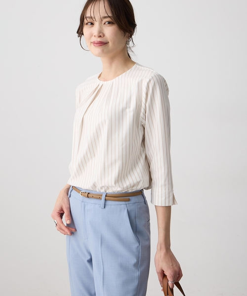 tシャツ 「ブラウス見えするカットソー」ストライプタックプルオーバー「大きいサイズあり」 レディースの画像