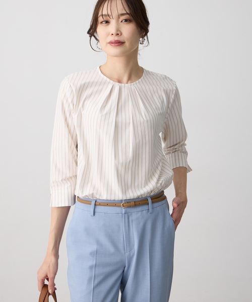 tシャツ 「ブラウス見えするカットソー」ストライプタックプルオーバー「大きいサイズあり」 レディースの画像