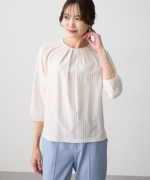 tシャツ 「ブラウス見えするカットソー」ストライプタックプルオーバー「大きいサイズあり」 レディースの画像