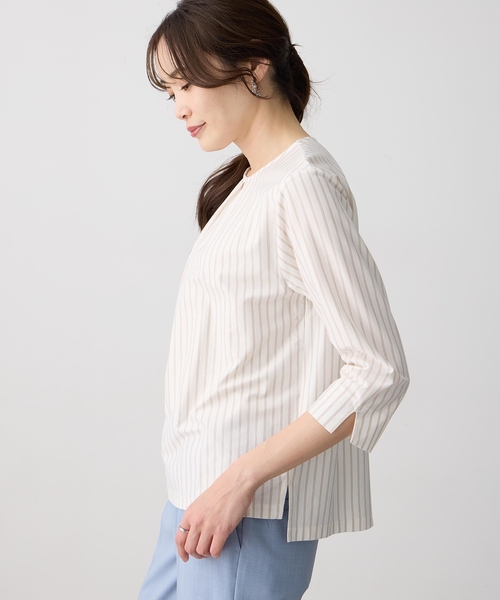 tシャツ 「ブラウス見えするカットソー」ストライプタックプルオーバー「大きいサイズあり」 レディースの画像