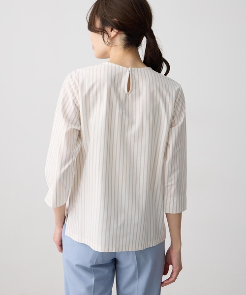 tシャツ 「ブラウス見えするカットソー」ストライプタックプルオーバー「大きいサイズあり」 レディースの画像